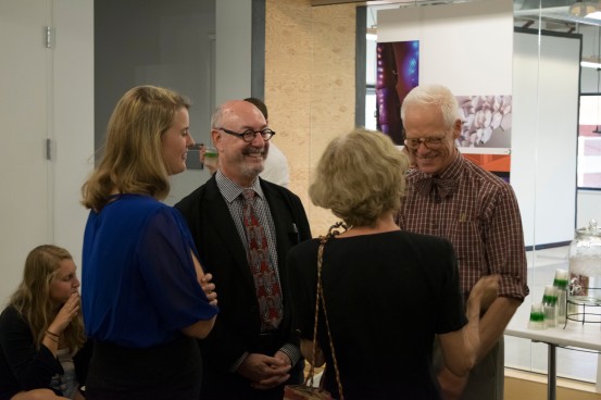 Dean and CARTA Faculty Director Mark Gelernter, PhD, (second from left) visits with guest lecturer Professor and Architecture Thomas Gordon Smith (right), and CAP alumna Samantha White (MArch 2014) (left) and guest.